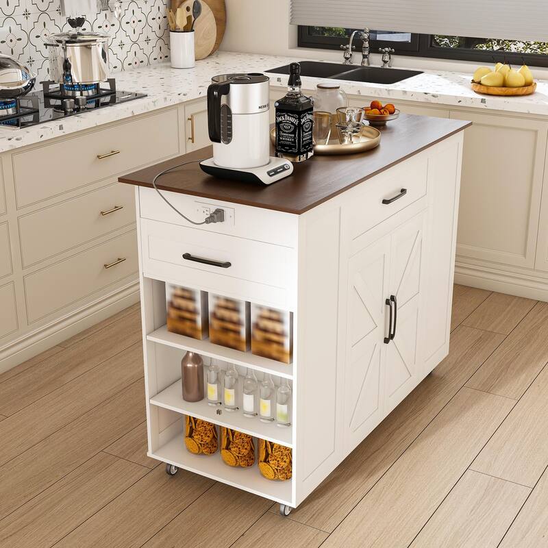 Anmytek 46" Mobile Rustic Kitchen Island with Storage Power Outlet, Wood Top Breakfast Bar Table for Kitchen Dining, White