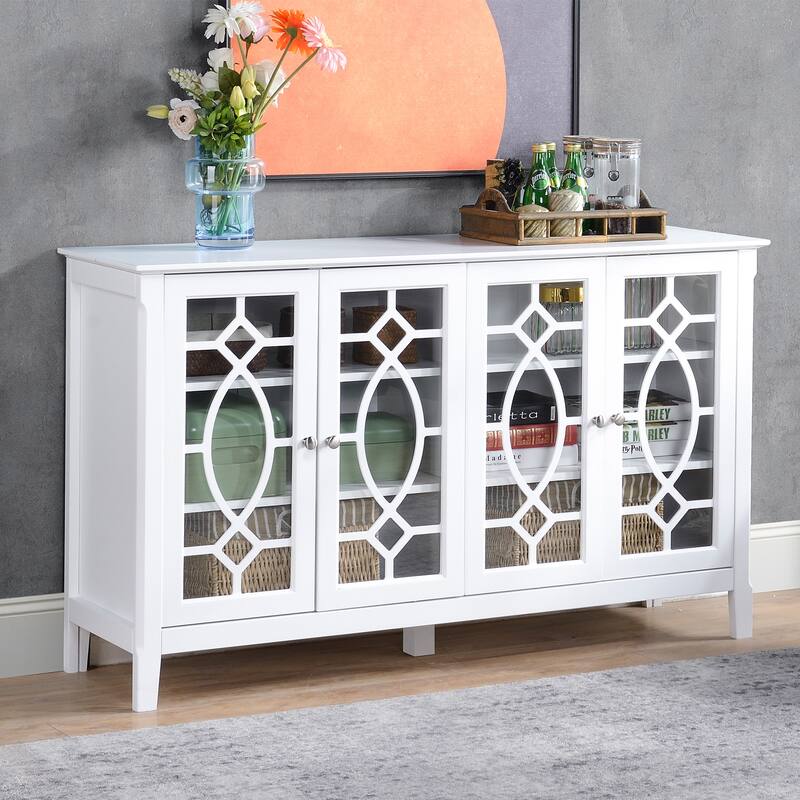HOMCOM Wood Accent Sideboard Buffet Serving Storage Cabinet with 4 Framed Glass Doors, Adjustable Shelves - 54"W x 15.5"D x 32"H - White