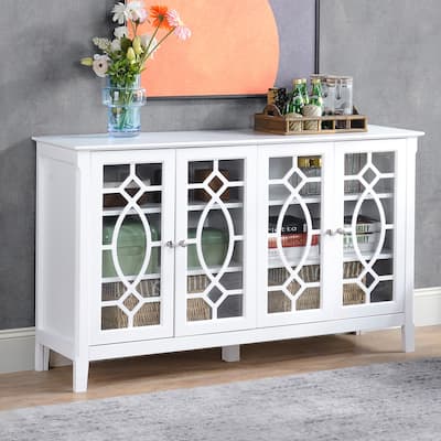 HOMCOM Wood Accent Sideboard Buffet Serving Storage Cabinet with 4 Framed Glass Doors, Adjustable Shelves - 54"W x 15.5"D x 32"H
