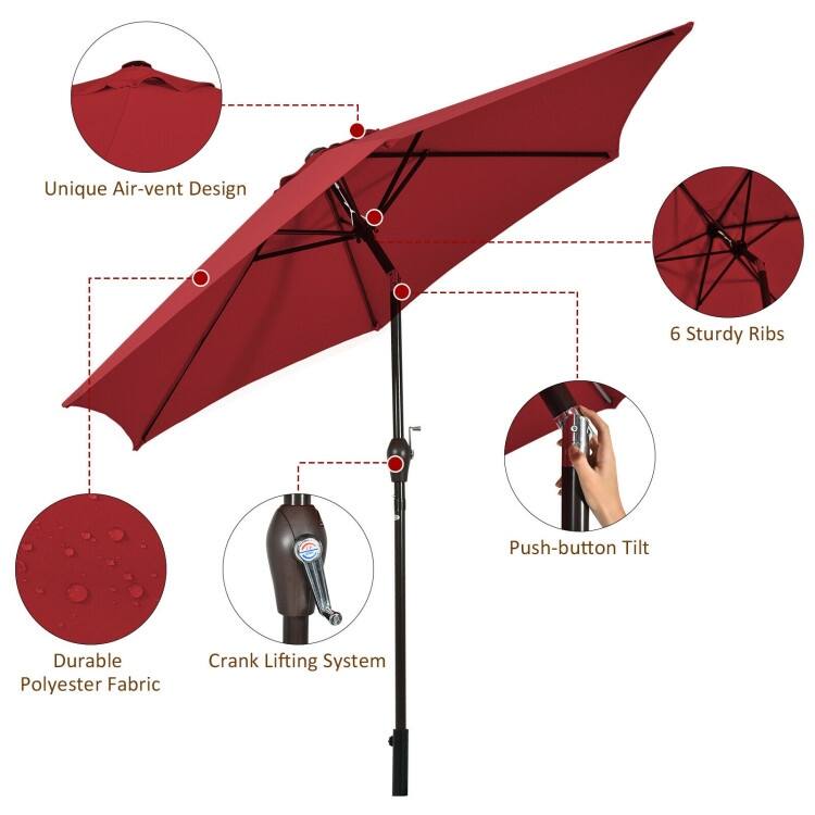 9-Foot Outdoor Market Patio Table Umbrella with Push-Button Tilt and Crank Lift for Sun Shade