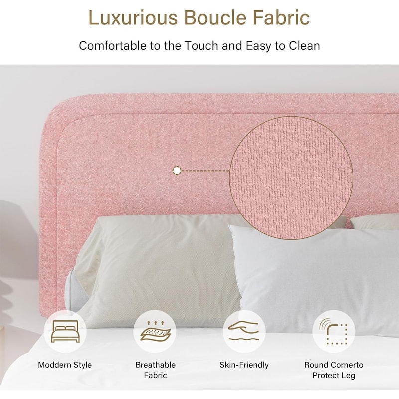 Pink Twin Size Upholstered Platform Bed Frame with Soft Boucle Fabric Headboard, Modern Minimalist Design, No Box Spring Needed
