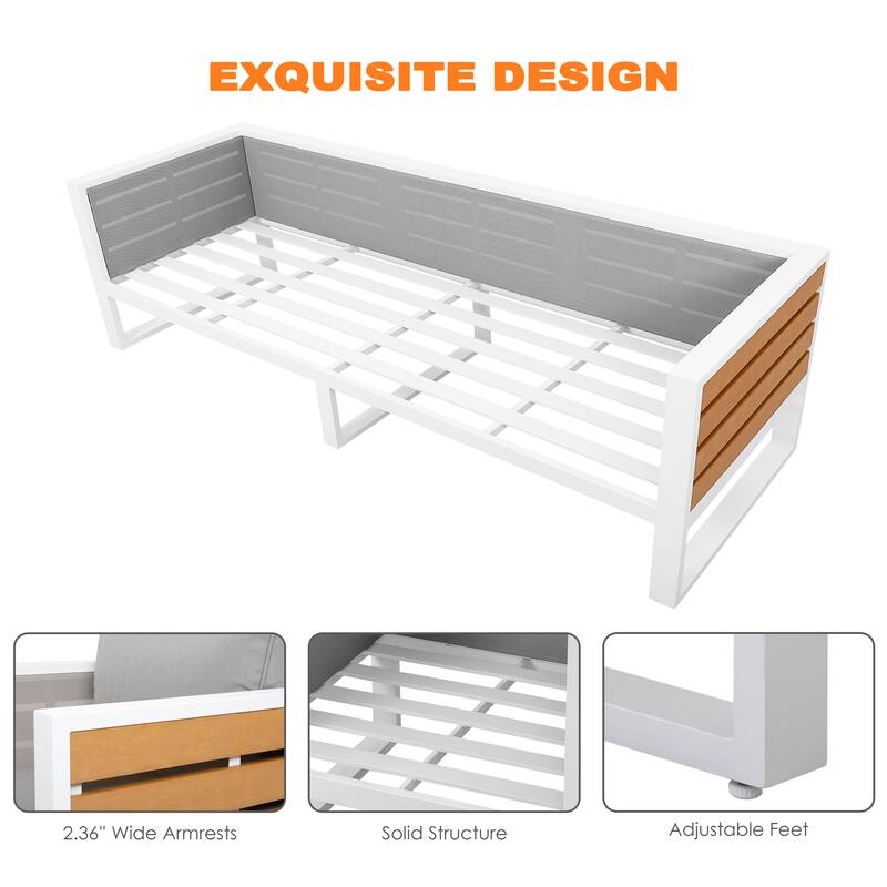 Outdoor Three-seat Sofa with Cushion and Pillows, Aluminum, Imitation Wood