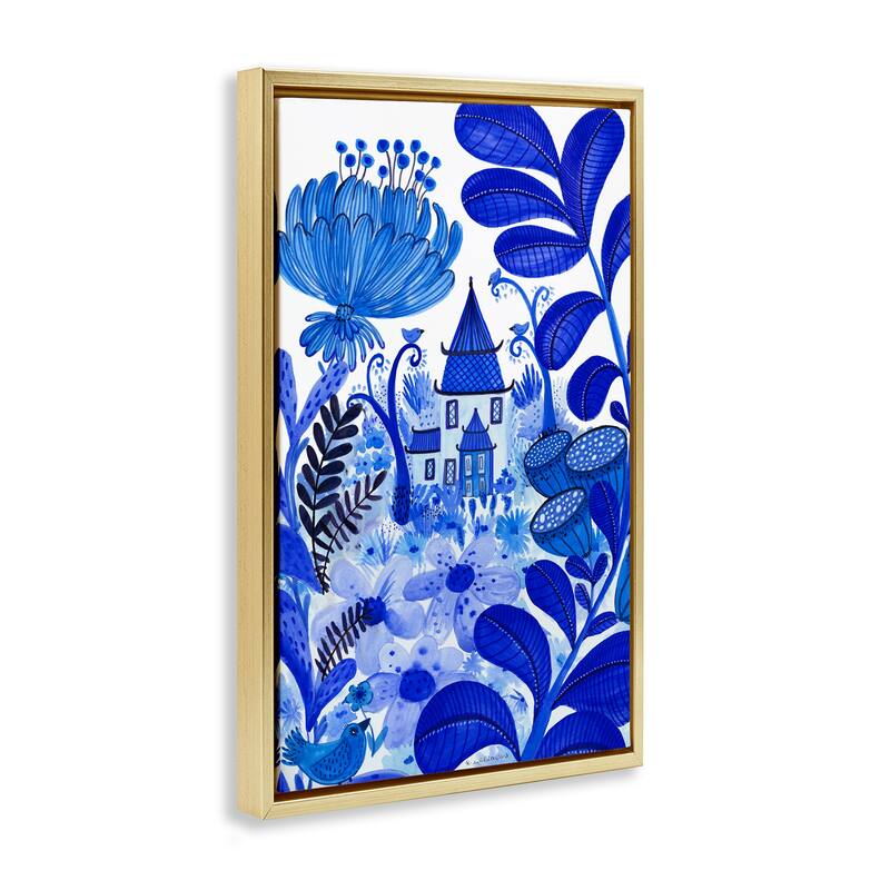 Stupell Whimsical Blue Folk Garden Framed Floater Canvas Wall Art Design By Kay Widdowson