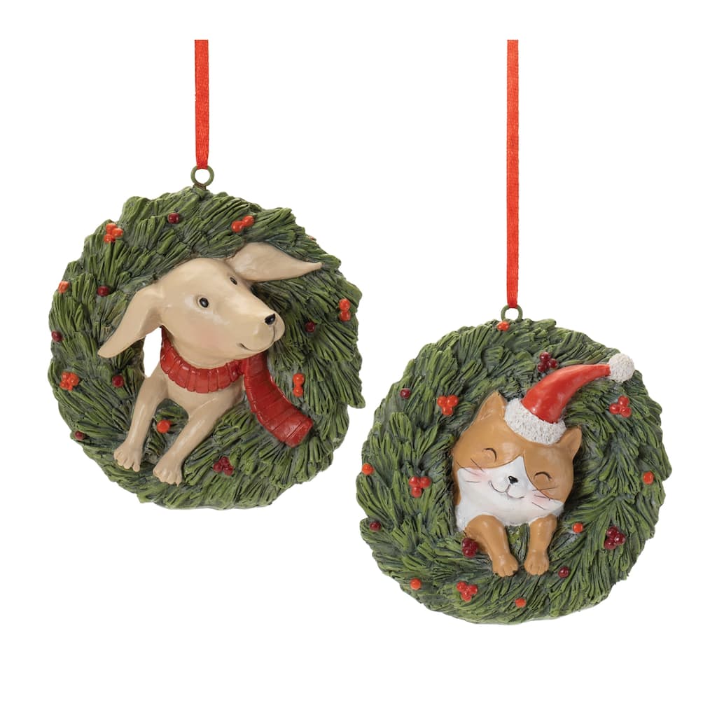 Cat and Dog Christmas Ornaments Set in Pine Wreath Holiday Decor - 3.75" x 2.25" x 3.5"