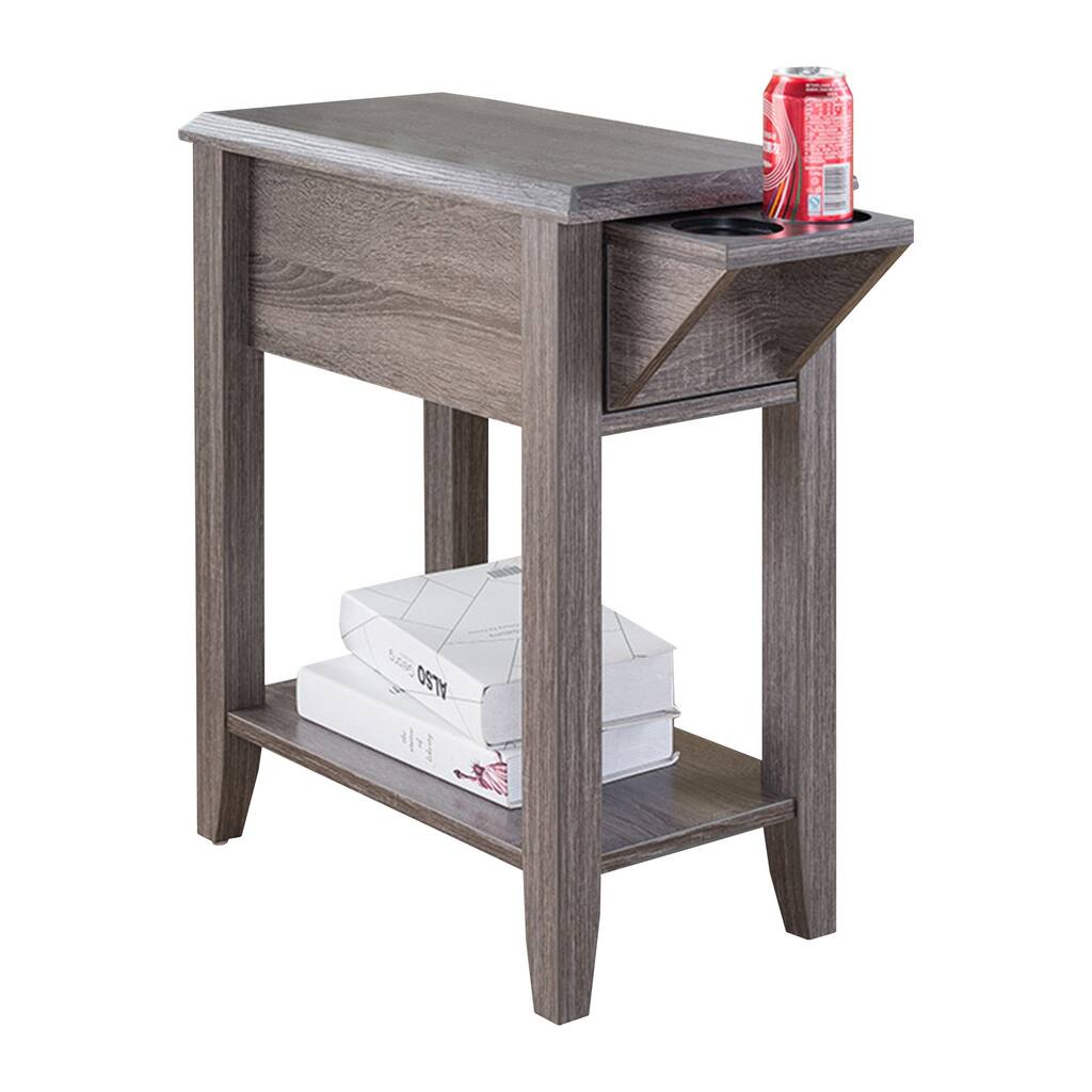 24 Inch Wood Chairside End Table, 1 Drawer, 2 Cupholders, Distressed Gray