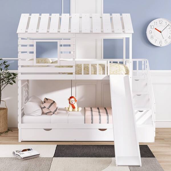 slide 2 of 18, Twin over Twin House Bunk Bed with Slide & Storage Staircase White - Twin