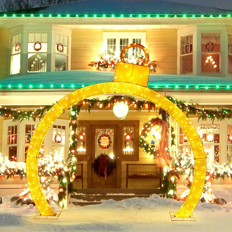 10.5 Feet Christmas Pre-Lit Arch with Gold Ornament Cap and 300 Warm White LED Lights - Warm White - 10.5 x 2 x 10.5 ft