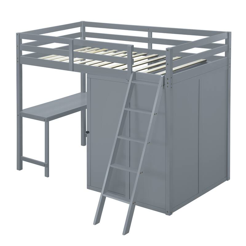 Solid Pine Loft Bed with Wardrobe, Desk, Shelves, and Guardrail