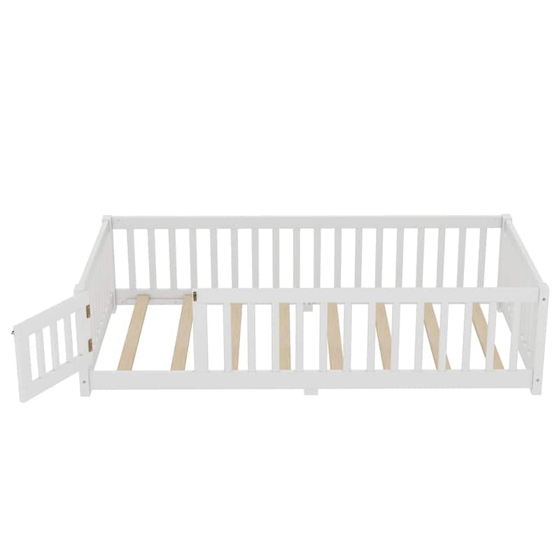 Montessori Toddler Floor Bed with Fence and Switchable Door, Low Profile Bed Frame with Removable Slats, Safe Transition Bed