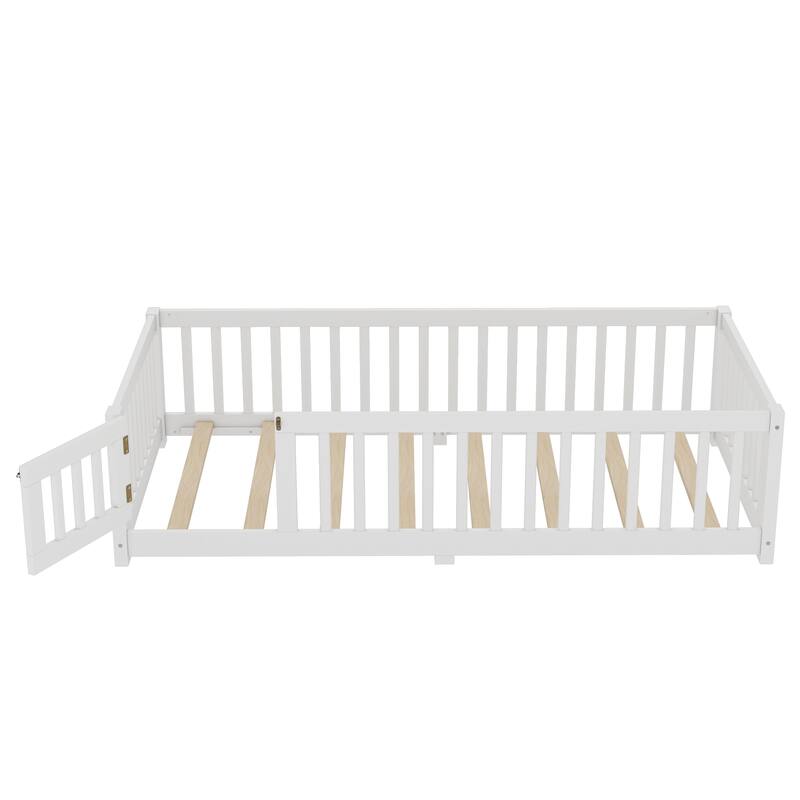 Wooden Floor Bed Frame with Safety Guardrail and Door, Kids Montessori Floor Beds, No Box Spring Needed