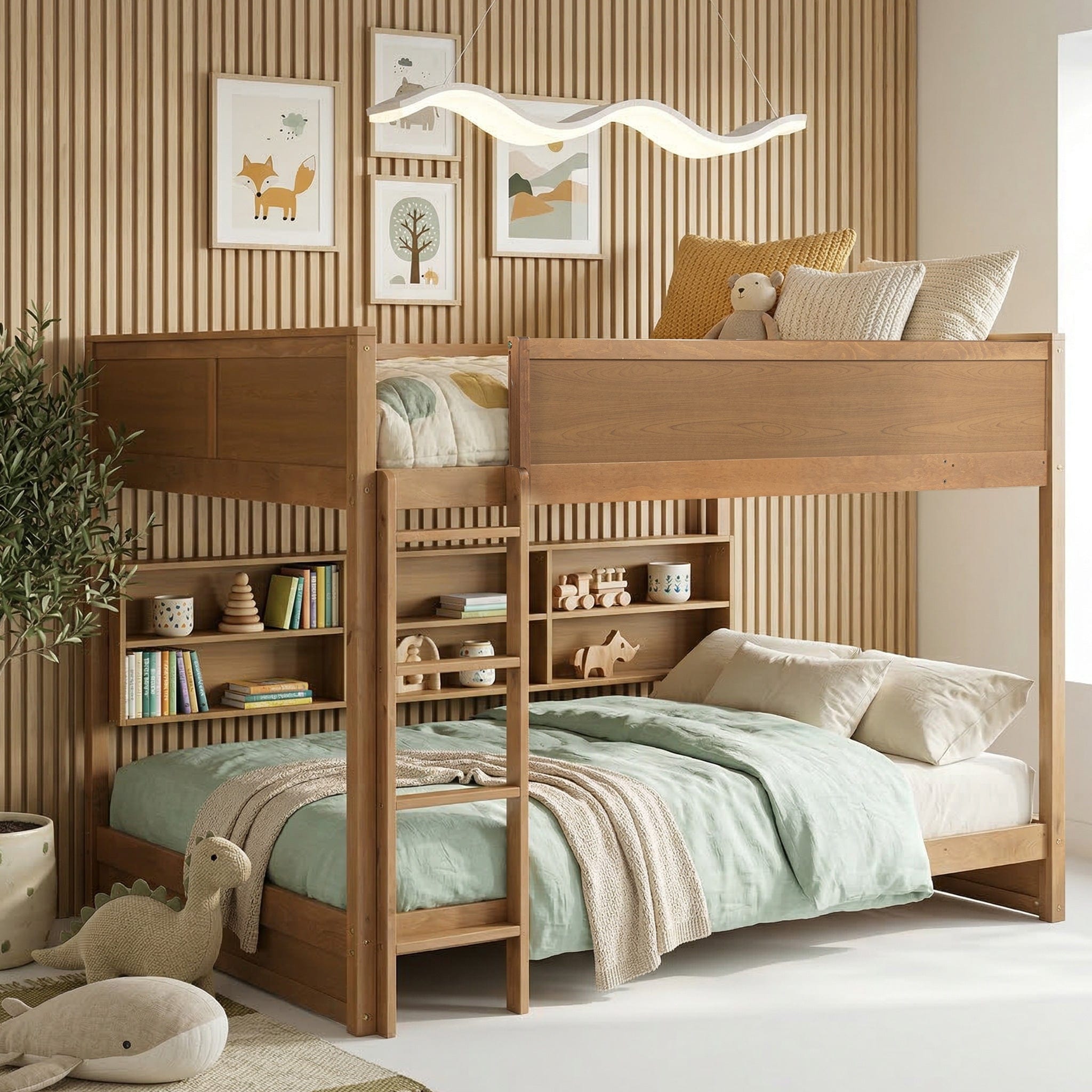 Javlergo Queen Over Queen Bunk Bed with Stairs Safety Guardrails 6 Storage Drawers 2 AC Outlets and 2 USB Ports No Box Spring