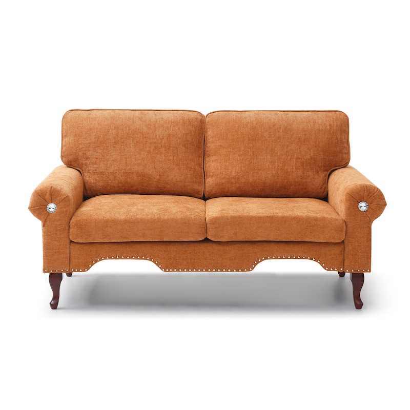 Linen Upholstered Loveseat Sofa Chesterfield Lounge Couch with Nailhead Trim, Rolled Arms and Crystal Button Accents