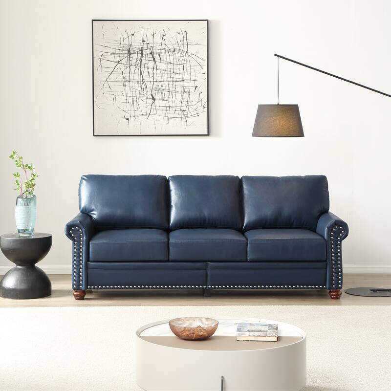 3-Seat Classic Sofa - Faux Leather with Nail Trim and Storage Boxes