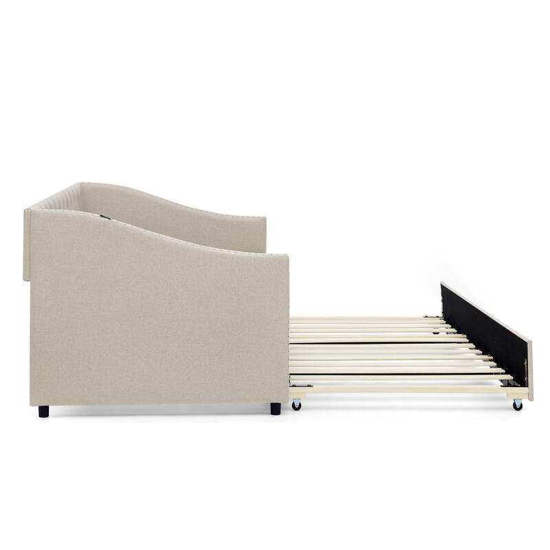 Twin Size Daybed with Pull Out Bed Trundle, Upholstered Button-Tufted Backrest Sofa Bed with Nailhead Trim & USB Charging Ports