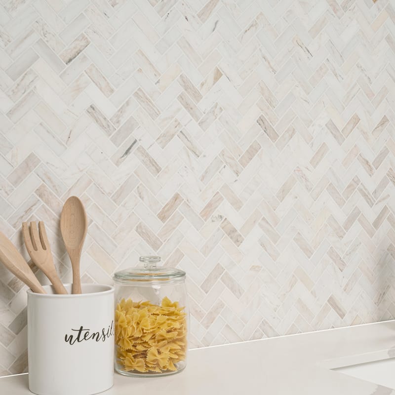 Ackland AKM-S-1X3HBP-CA 12" x 12" Marble Herringbone Wall Mosaic Tile - Auralie