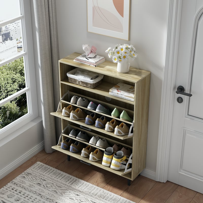 Farmhouse Shoe Storage Cabinet with Barn Door Design, Shoe Organizer with 2 Flip Drawers