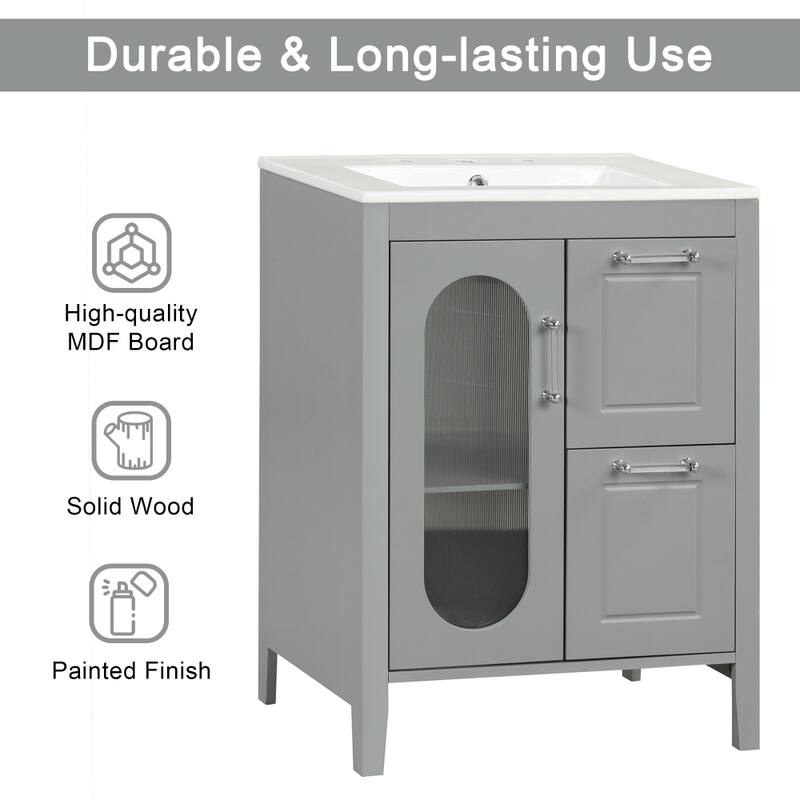 24" Solid Wood Bathroom Vanity with Sink, 2 Drawers, Door & Adjustable Shelf