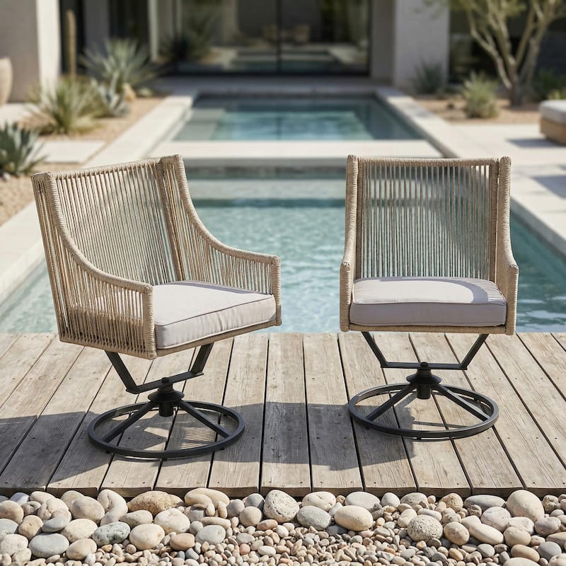 Outdoor Wicker Swivel Chairs with Cushion (Set of 2) - Beige