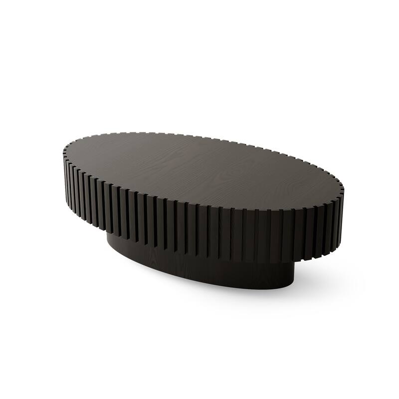 Handcrafted Relief Oval Coffee Table with Sturdy Pedestal