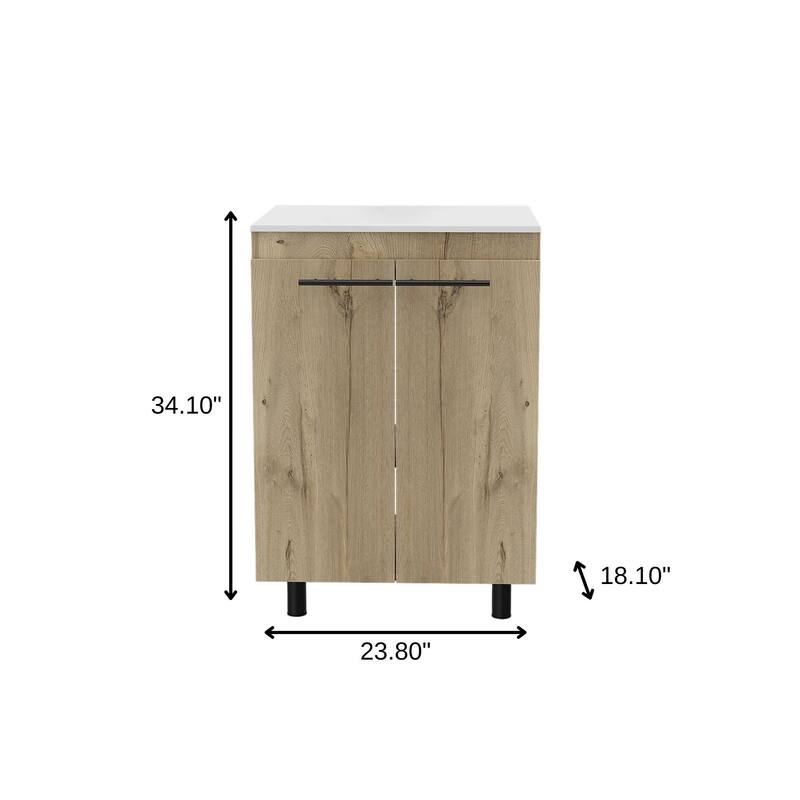 HomeRoots 24" Oak Wood Freestanding Double Door Bathroom Vanity With White Sink - 23.80 in. x 34.10 in. x 18.10 in.
