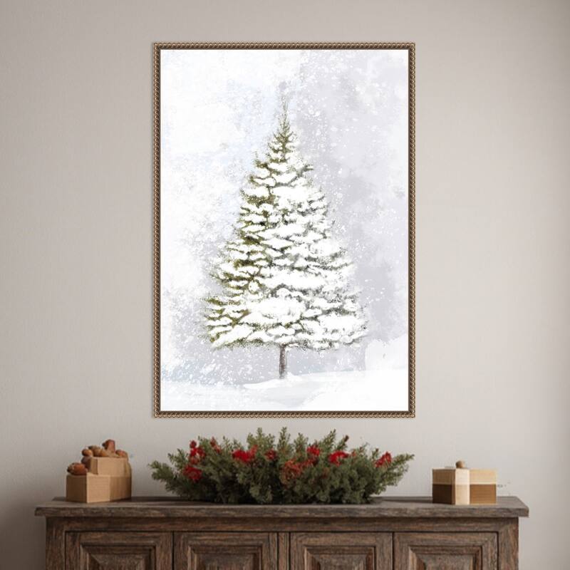Lone fir in the snow by Rosana Laiz Blursbyai Framed Canvas Wall Art Print - Sylvie Beaded Dark Gold