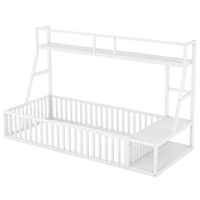 Twin Size Metal Floor Panel Bed with Safety Fence and Desk and Storage Shelves