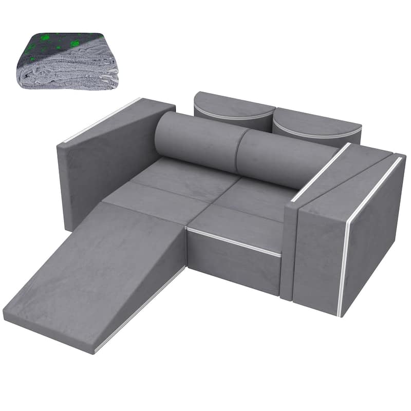 Kids Couch, 12PCS Modular Kids Play Couch with Blanket, Playroom, Convertible Kids Foam Climbing Play Set - Grey