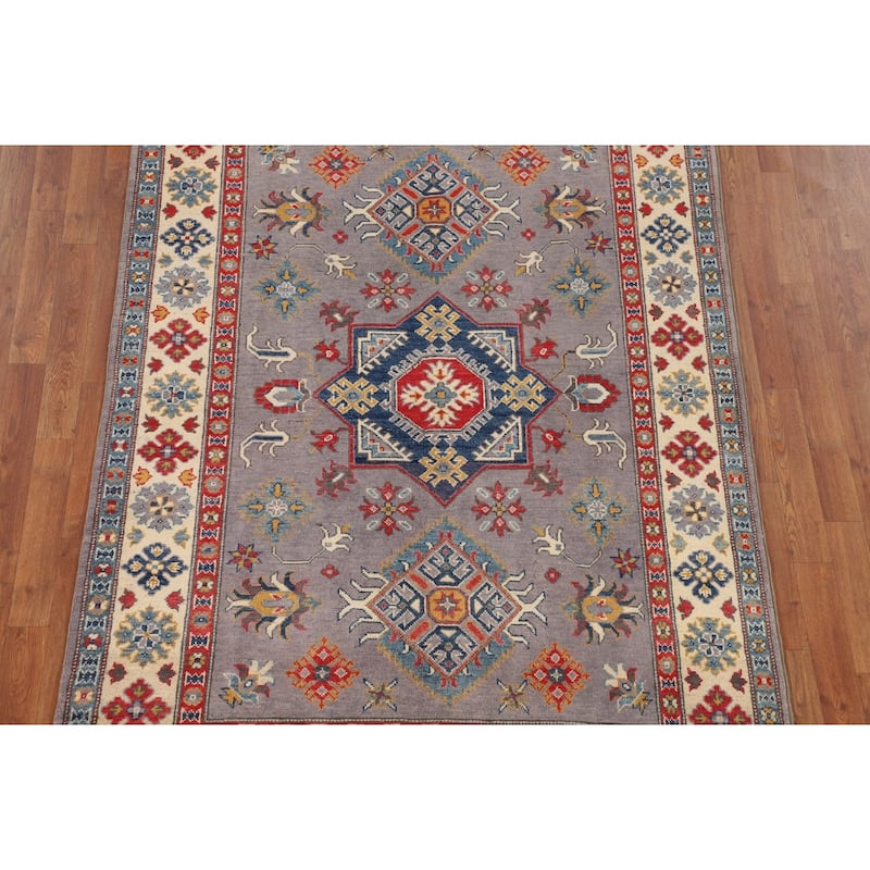 Gray Traditional / Geometric Kazak Rug Hand-Knotted Wool Carpet - 4'11" x 7'2"