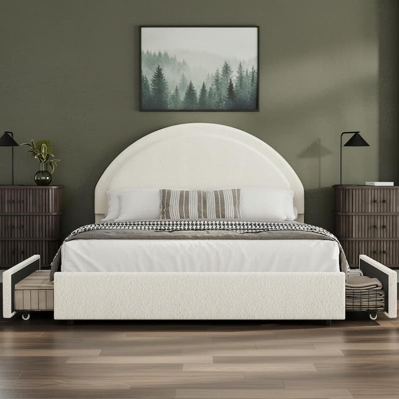 Boucle Upholstered Platform Bed Frame, with 2 Storage Drawers - Beige - Full