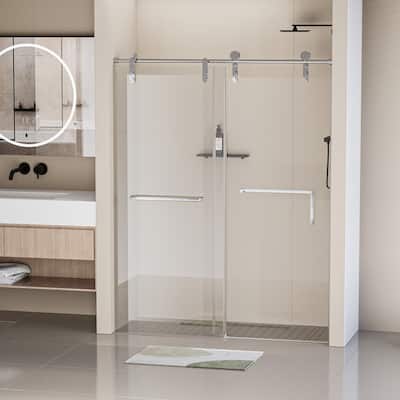 ABRUZZO 44-48" W x 76" H Single Sliding Frameless Shower Door in Chrome with 5/16" (8mm) Tempered Glass Dual Towel Bars