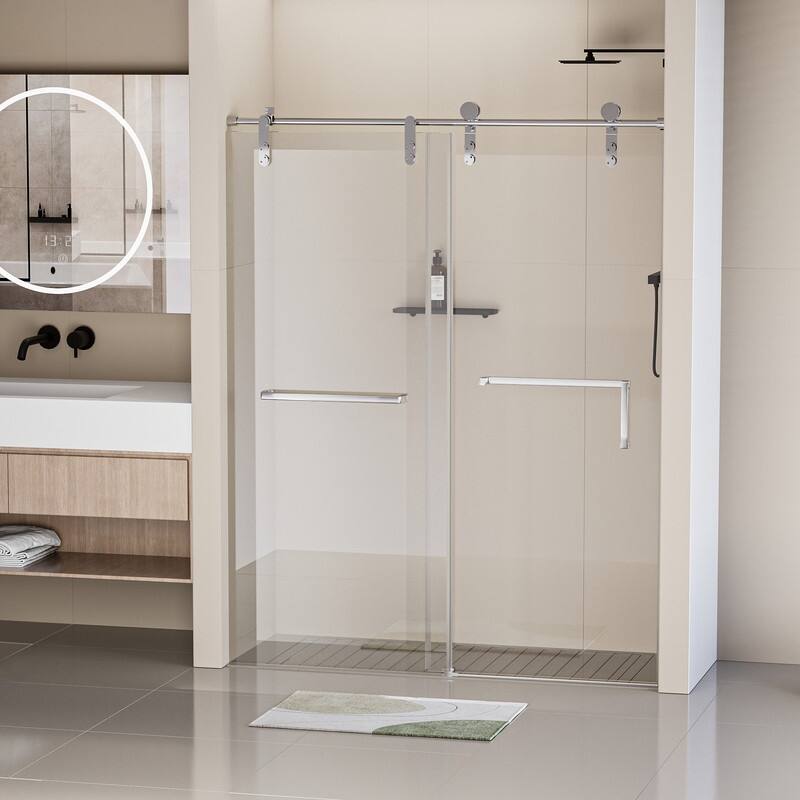 56-60" W x 76" H Single Sliding Frameless Shower Door with 5/16" (8mm) Tempered Glass & Dual Towel Bars - Chrome