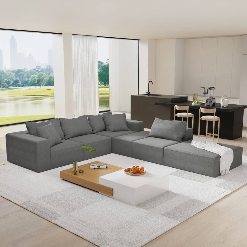 Floor Upholstered Sectional Sofa Modular L Shaped Couch Set with 6 Pillows and Ottomans, Living Room Sleeper Sofa Bed