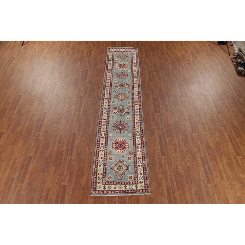 Light Blue Kazak Oriental Runner Rug Hand-Knotted Wool Carpet - 2'11" x 13'9"