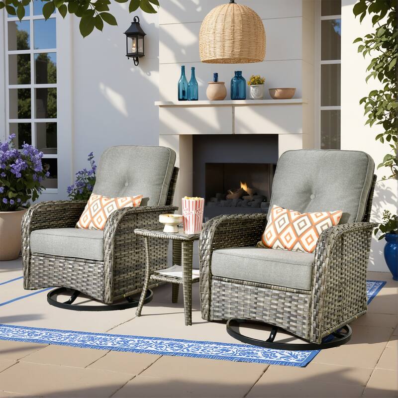 HOOOWOOO 3-piece Grey Wicker Patio Swivel Rocking Chair Set