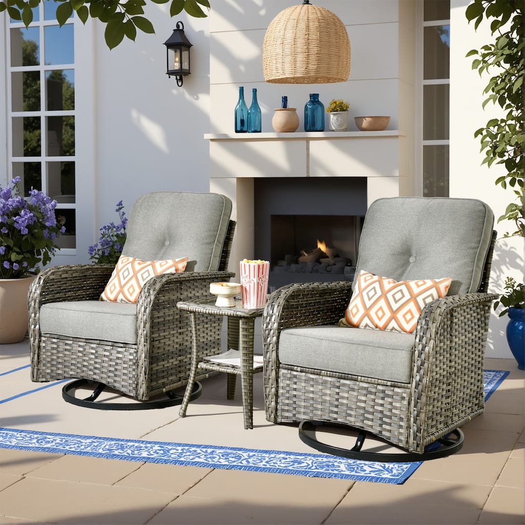 HOOOWOOO 3-piece Grey Wicker Patio Swivel Rocking Chair Set