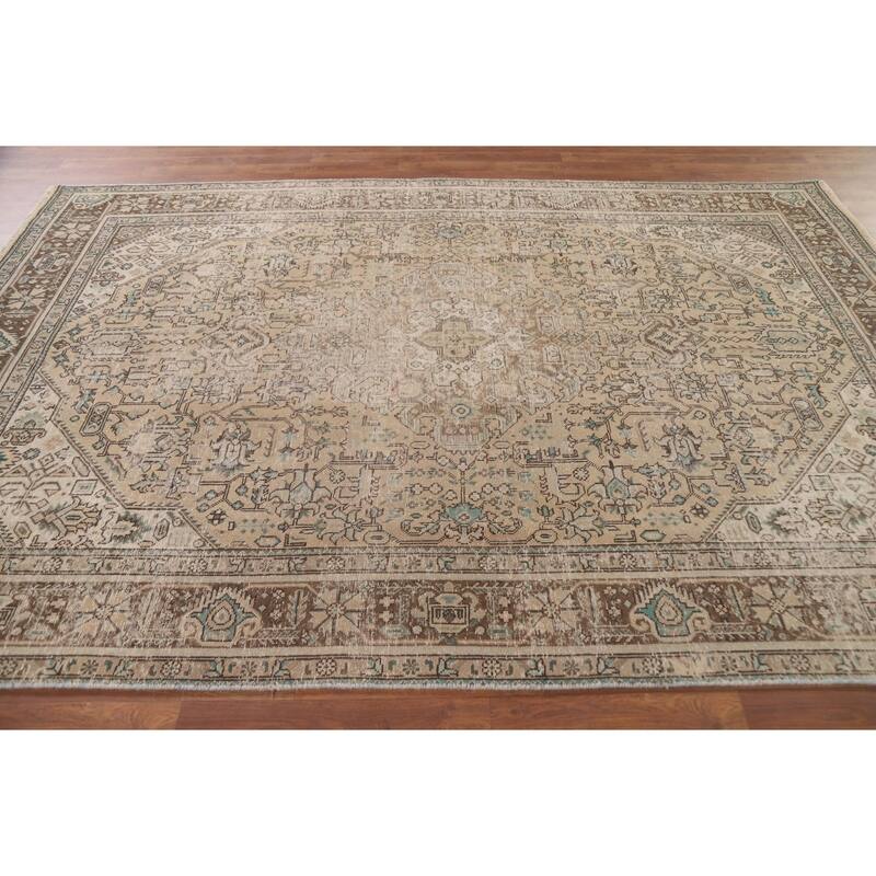 Hand Knotted Oriental 100% Wool Carpet Traditional Medallion Beige & Ivories Tabriz Area Rug - 9' 6'' X 6' 5''