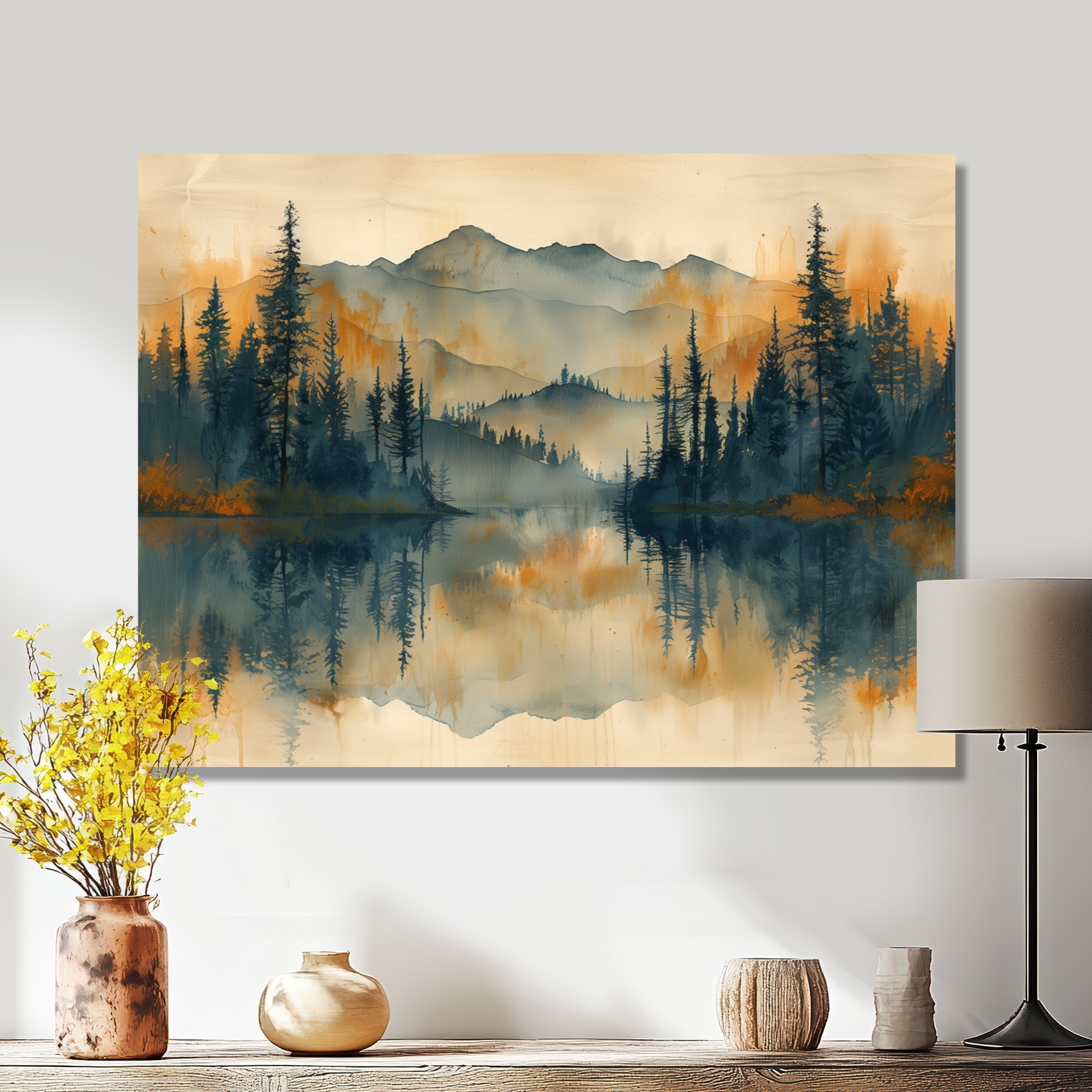 Designart "Green Yellow Sunrise Fog In The Forest II" Forest Canvas Wall Art - Traditional Wall Decor Green Wall Art
