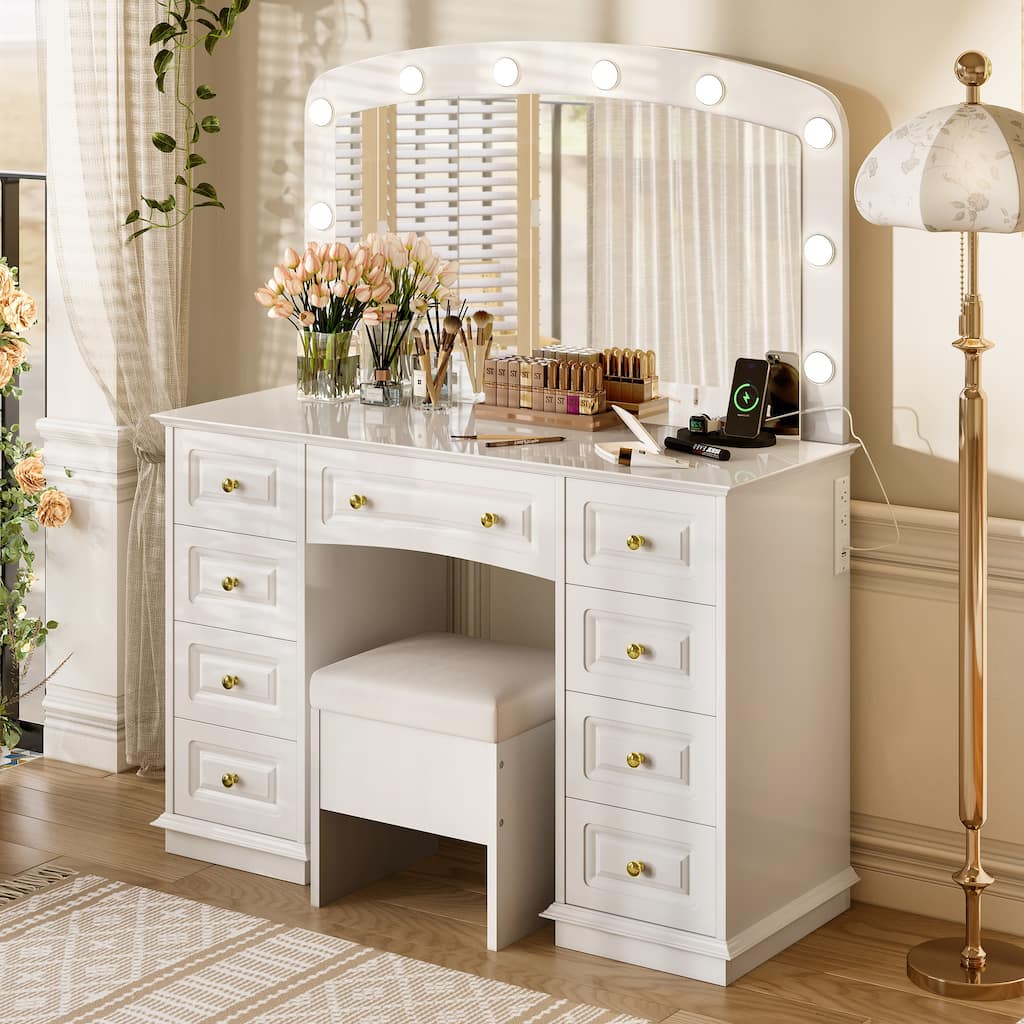 Luxurious Makeup Vanity with 10 Hollywood Bulbs, 3 Color Lighting Modes, Classic Dressing Table with Cushioned Stool