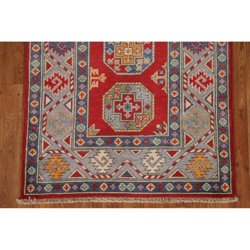 Geometric Kazak Oriental Hallway Runner Rug Hand-knotted Wool Carpet - 2'9" x 9'7"