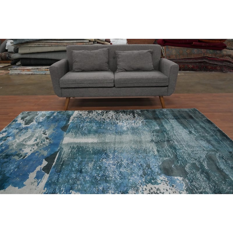 Hand Knotted Oriental Viscose Silk Carpet Modern Pictorial Navy Blue & Blues Abstract Area Rug - 7' 10'' X 5' 8''