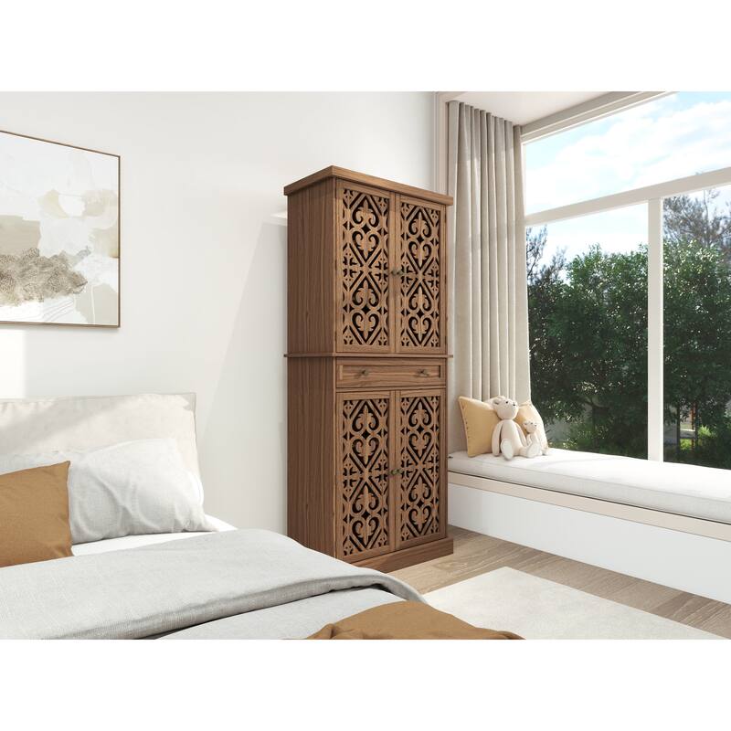 Multi-Functional Wooden Accent Cabinet, Kitchen Pantry with 1 Drawer & 4 Doors, Storage Cabinet with 4 Adjustable Shelves