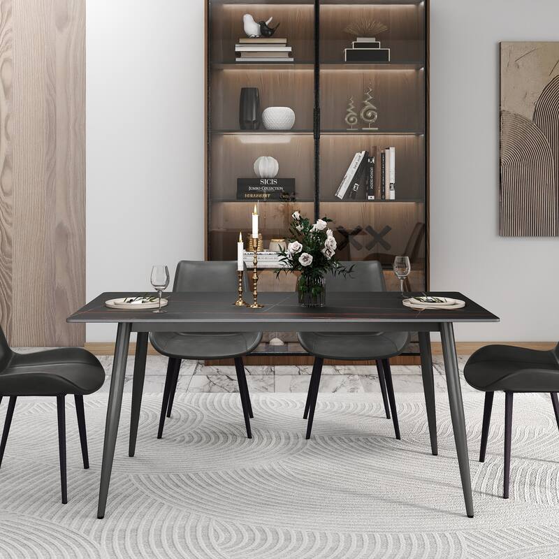 63" Rectangle Modern Sintered Stone Dining Table, Industrial Kitchen Table with Metal Legs for 6 People