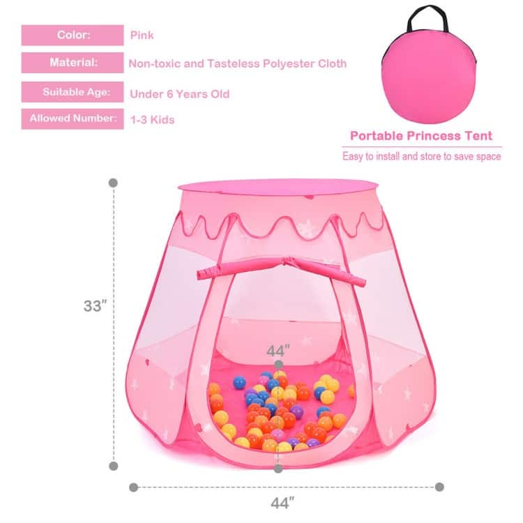 Pink Portable Kid Play House Play Tent with 100 Balls - 33.5" x 33.5" x 39.5"