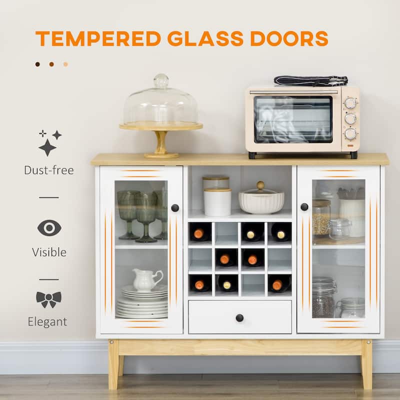 HOMCOM Glass Door Kitchen Sideboard, Buffet Cabinet with 12-Bottle Wine Rack, Drawer and Shelves, Coffee Bar Cabinet