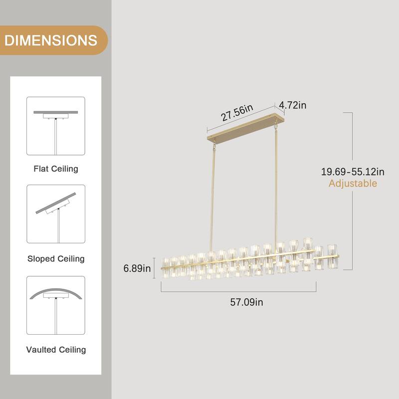 57.09-inch 56-light modern and stylish linear metal chandelier with crystal lampshades
