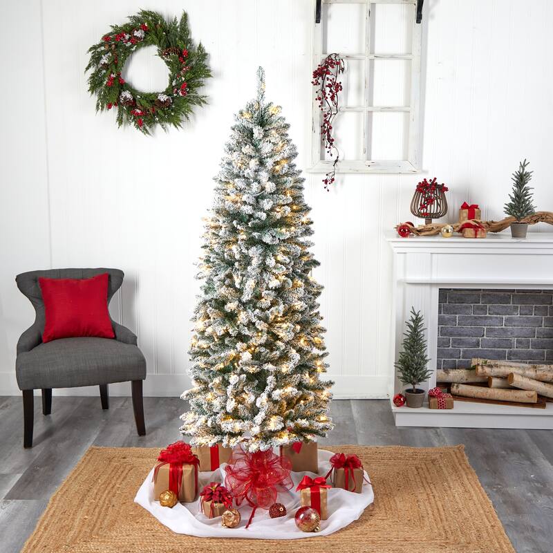 6' Slim Flocked Montreal Fir Artificial Christmas Tree with 250 Warm White LED Lights and 743 Bendable Branches
