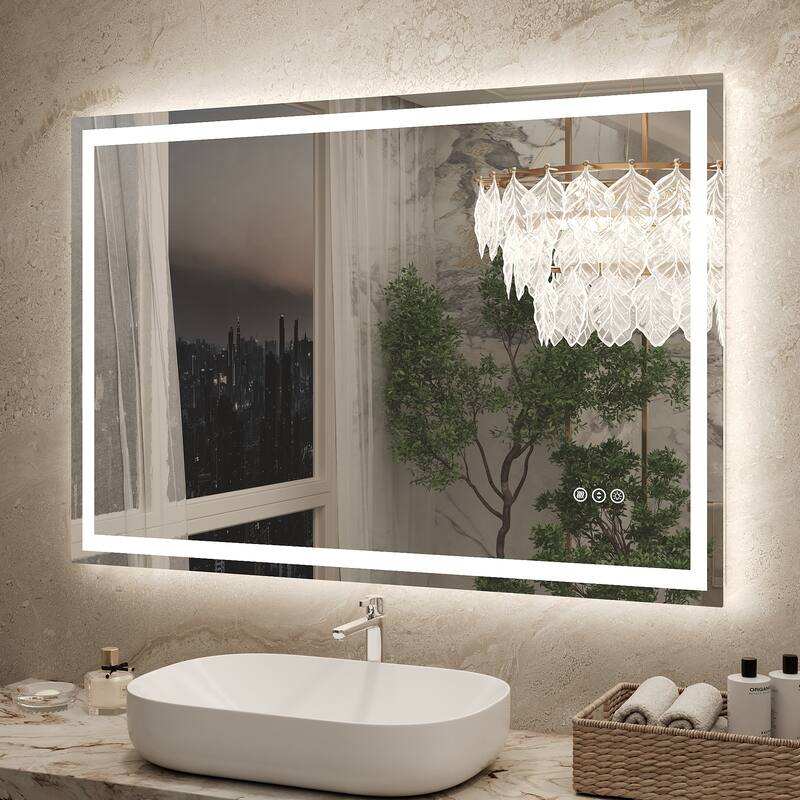 Frameless LED Front Light and Backlit 3 Colors Dimmable Anti-Fog Wall Bathroom Vanity Mirror - 44" x 32"-Square Corner