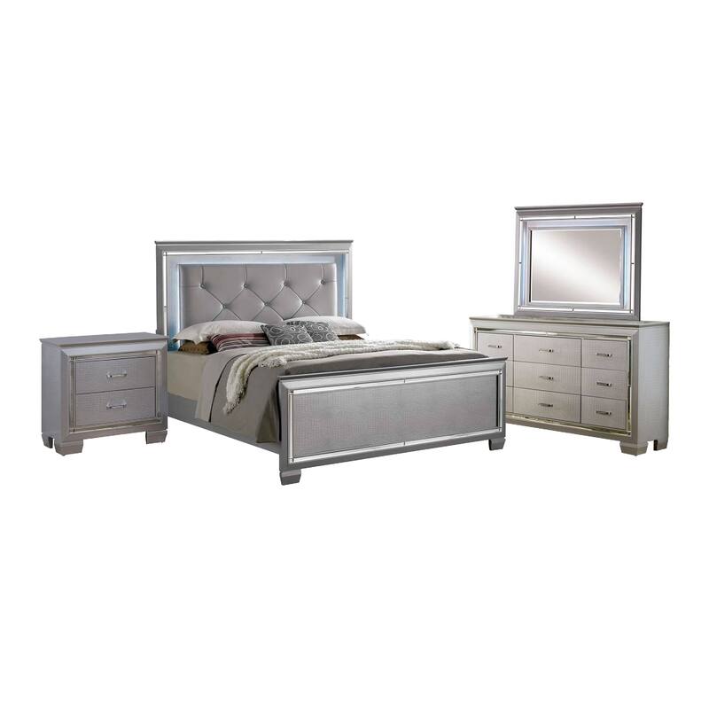 Kae 4 Pc California King Bedroom Set, LED and Mirror Trim, Champagne Silver