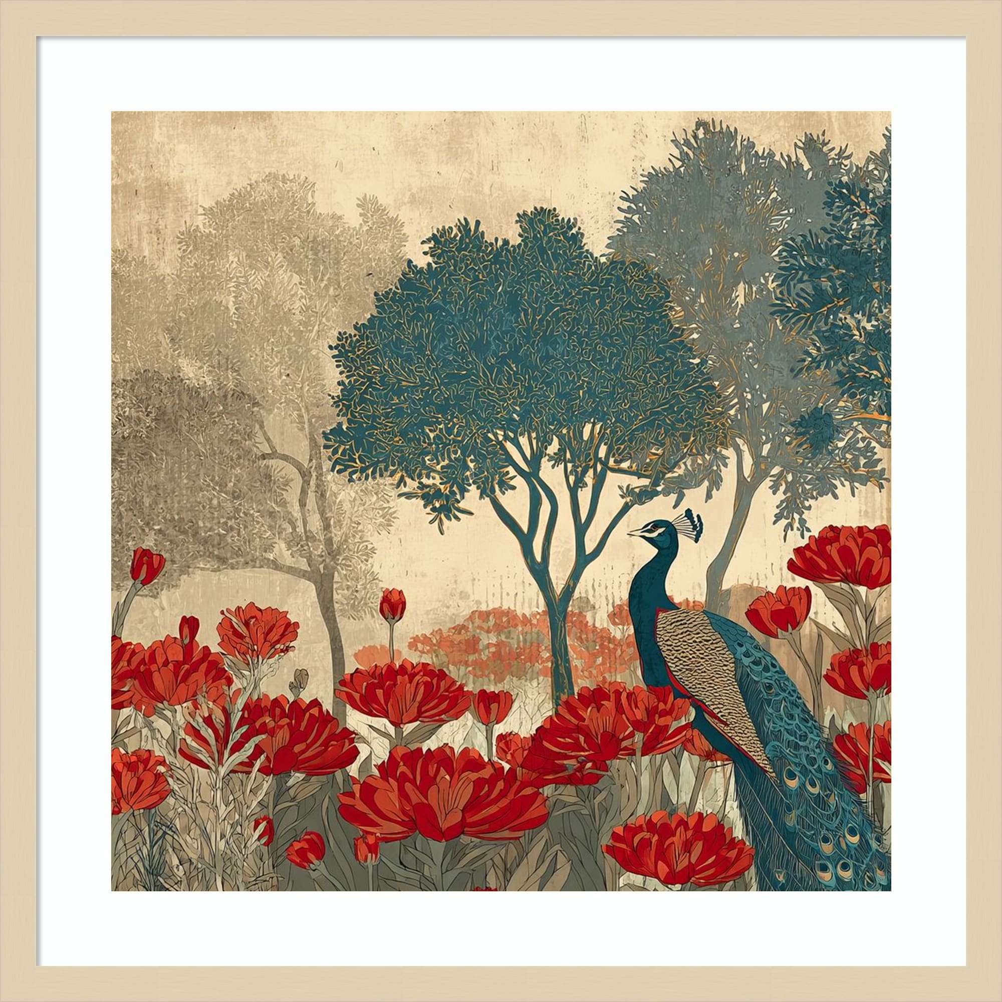 Peacock Mughal Mural Designs No. 7 by Tradelink inhouse artist Wood Framed Wall Art Print - Svelte Natural