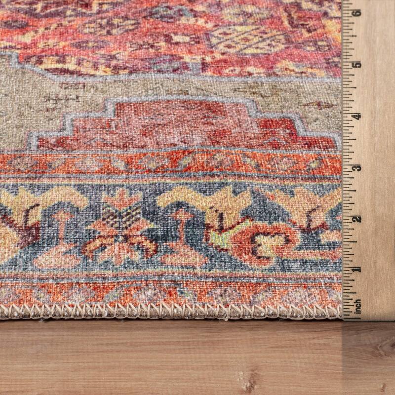 Beige Medallion Flat Pile Washable Rug - Pet Friendly, Non-Slip for Entryway and Bedroom